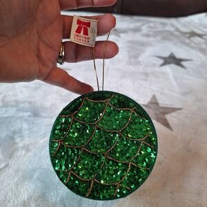 Green Ornament Sequin Satin Christmas Trinket Gift Box New Old Stock